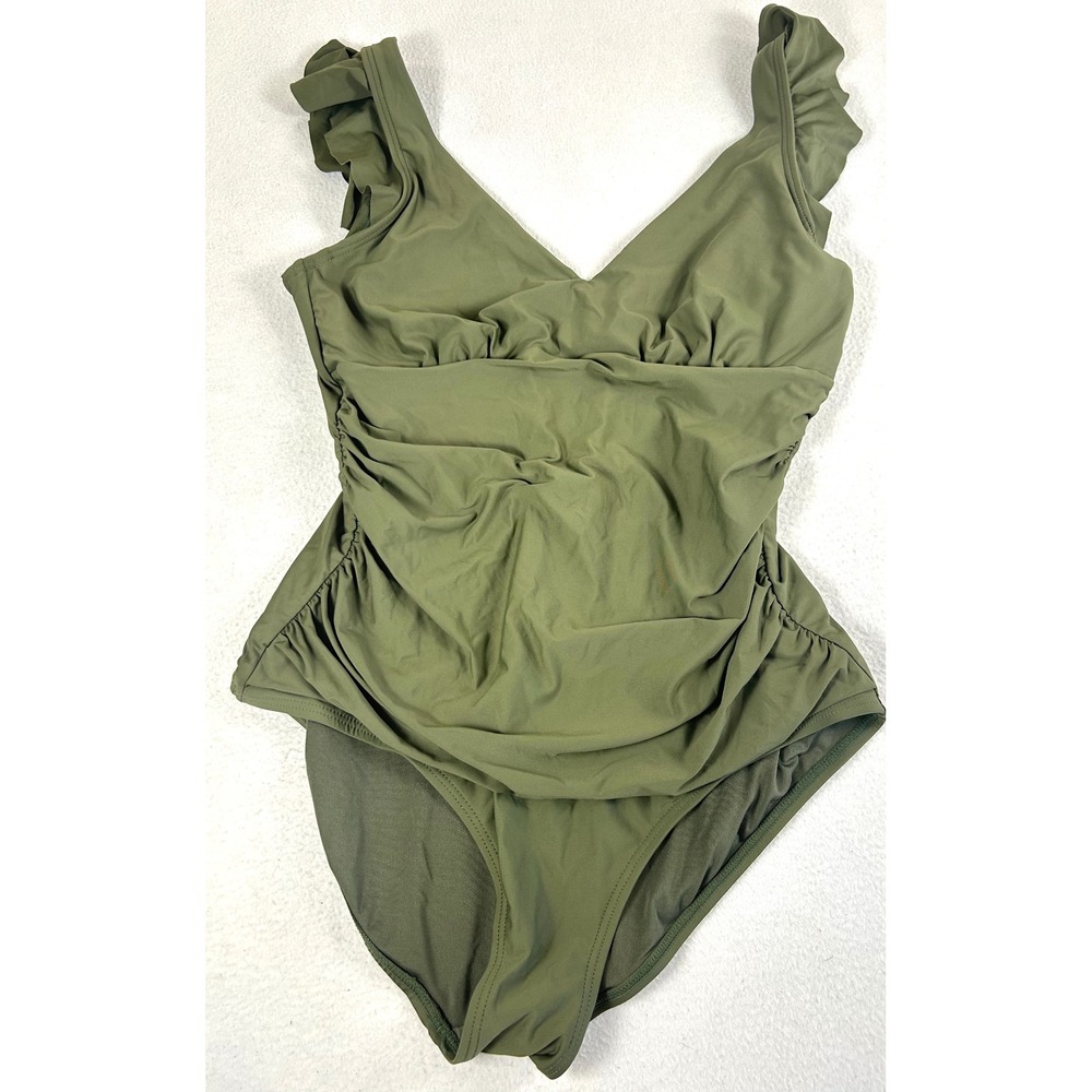 DKNY One-Piece Swimsuit Women XL Olive Green Ruch Ruffle Coastal Chic Beachwear